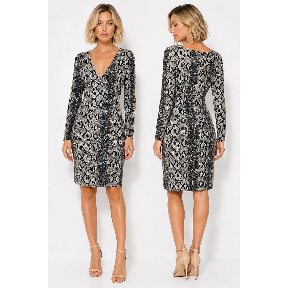 White Mark NWT Bodycon Snake Print Sheath Dress V-Neck Long Sleeve / Size L